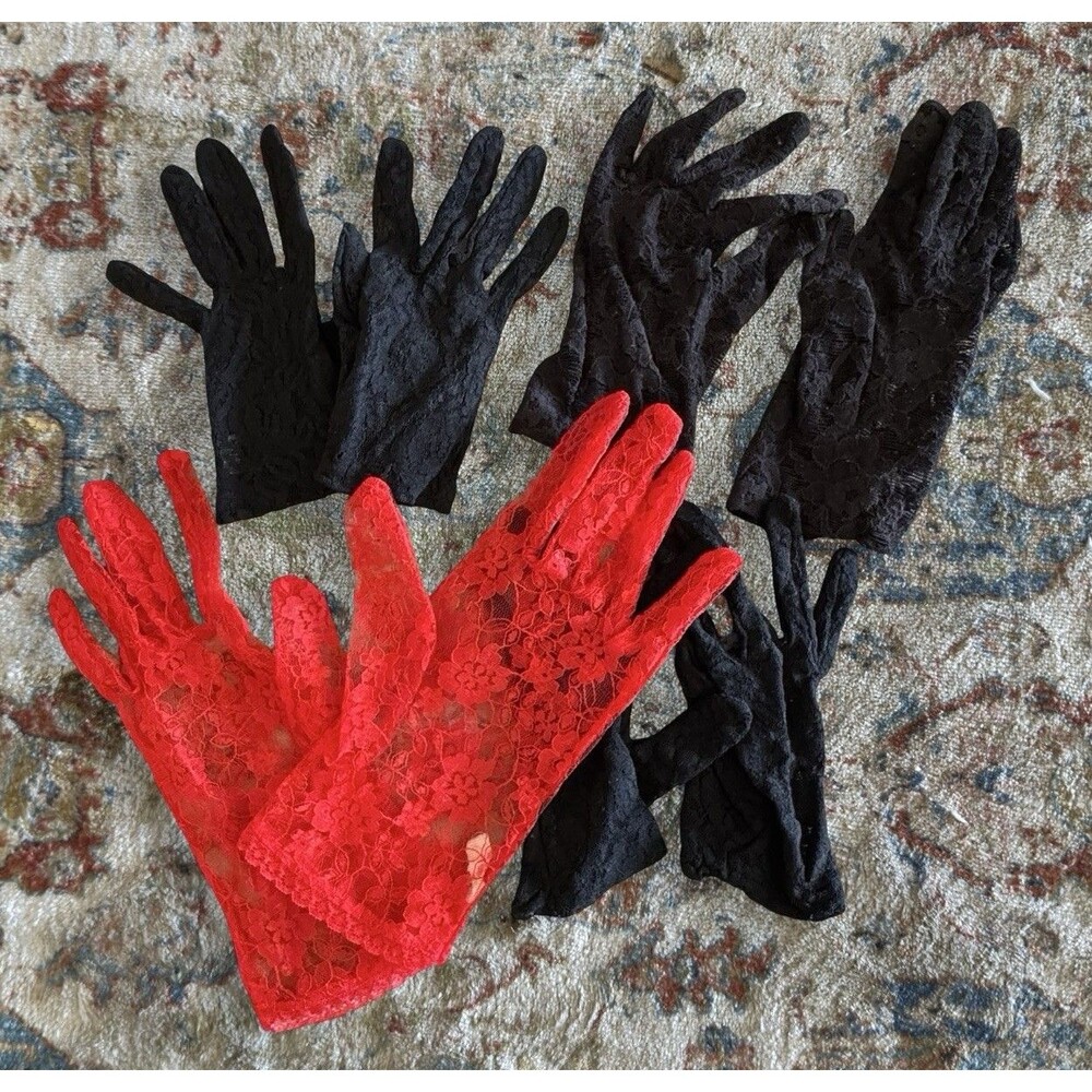 Vintage Floral Nylon Wrist Length Lace Gloves Lot 4 Pair Black Red Halloween